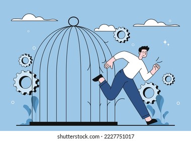 Workforce autonomy concept. Man breaks out of big cage. Freelancer and remote employee, free schedule. Modern technologies and earnings on Internet metaphor. Cartoon flat vector illustration