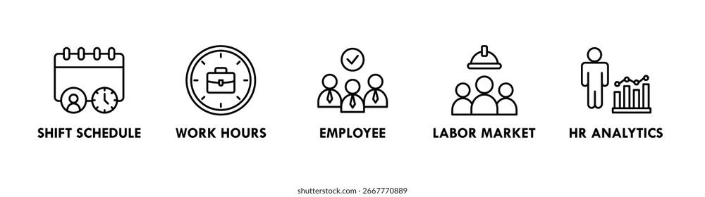 Workforce banner web icon vector illustration concept with icons of shift schedule, work hours, employee, labor market, and HR analytics