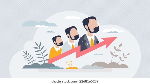 Workforce development and successful career growth tiny person concept. Skills, performance and ability improvement with leader motivation, effective business work implementation vector illustration.