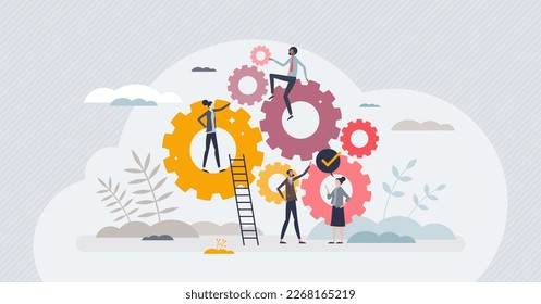 Workforce development and teamwork collaboration process tiny person concept. Team interaction for successful and effective work vector illustration. Performance optimization and improvement strategy