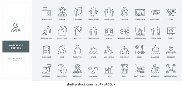 Workforce flowchart, employee thin black outline symbols vector illustration. Business communication in office workplace, corporate company structure and organization, KPI line icon set.