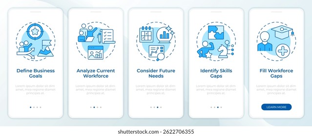 Predicción de la fuerza laboral pantalla azul del App móvil de incorporación. Estrategia de recursos humanos. Instrucciones gráficas editables de 5 pasos con conceptos lineales. UI, UX, GUI