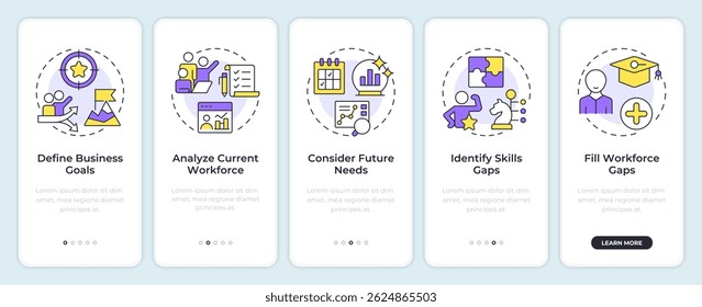 Workforce forecasting onboarding mobile app screen. HR strategy. Walkthrough 5 steps editable graphic instructions with linear concepts. UI, UX, GUI