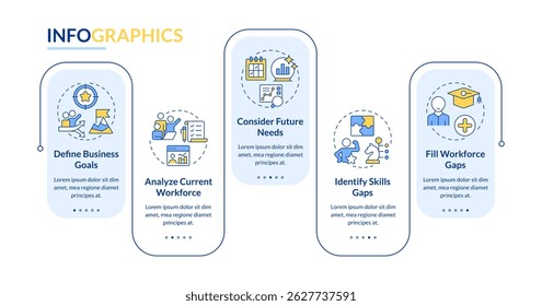 Workforce forecasting rectangle infographic vector. HR strategy. Predicting recruitment needs. Data visualization with 5 steps. Editable rectangular options chart