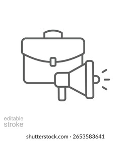 Workforce Hiring Icon. Outline Style. Editable Stroke Vector. Job Announcement with Briefcase and Megaphone. Labor Shortage Problem. Recruitment Message Symbol. Staff Search and Employment Alert.