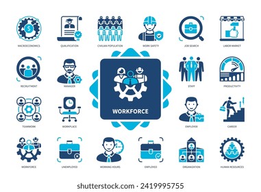 Juego de iconos de fuerza de trabajo. Recursos Humanos, Cualificación, Desempleado, Contratación, Carrera Profesional, Gestión, Búsqueda De Empleo, Mercado Laboral. Iconos sólidos de color Duotone