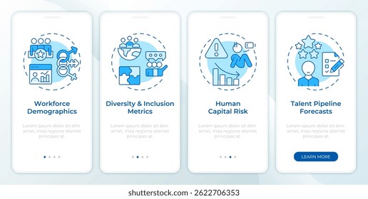 Pantalla azul del App móvil de incorporación de Workforce Insights. Análisis de recursos humanos. Instrucciones gráficas editables de 4 pasos con conceptos lineales. UI, UX, GUI