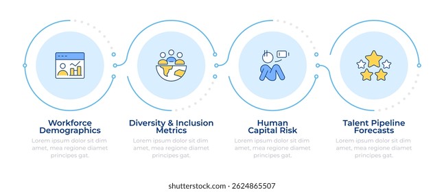 Infografía de información sobre la fuerza laboral 4 pasos. Análisis de recursos humanos. Innovaciones en la organización de los empleados. Diagrama de flujo infográfico. Iconos de gráficos de información de Vector editables