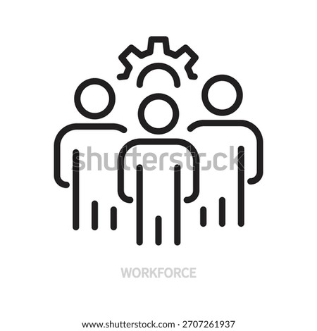Workforce line icon. Business team, teamwork, work group concept. Gear wheel, cogwheel symbol. People black sign. Isolated on a white background. Editable stroke. Vector illustration. Flat design.