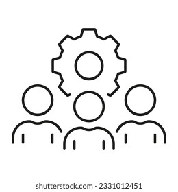 Workforce Line Icon. People with Gear Linear Pictogram, Team Work Concept. Manager with Cog Wheel. Project Management, Teamwork Outline Symbol. Editable Stroke. Isolated Vector Illustration.
