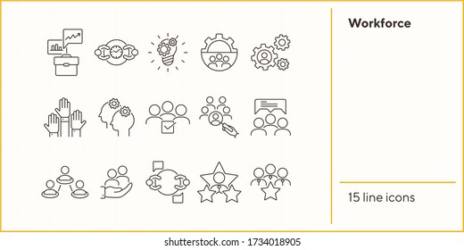 Workforce line icon set. Work process, team, staff, employees, rate. Human resource concept. Can be used for topics like personnel management, HR, teamwork