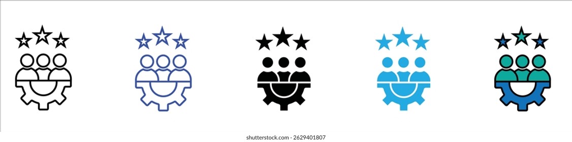 Linha da Força de Trabalho e Ícone de Silhueta. Sinal de gerente com roda de cog. Trabalho Em Equipe, Líder, Símbolo De Gerenciamento De Projeto. Traço editável. Ilustração de vetor isolada	
