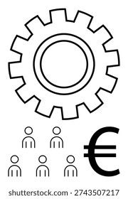 Workforce management, economic systems, financial planning, business operations, industrial processes, global economy. Large gear, people icons and Euro sign. Workforce and economic systems concept