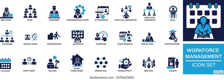 Workforce Management icon set Employee, Team, Manager, Organization chart, Attendance You can easily change the color.
