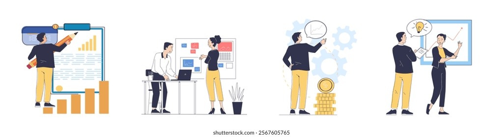 Workforce organization management. Man with graphs and charts. Teamwork and organizing effective work process, time management. Linear vector collection isolated on white background