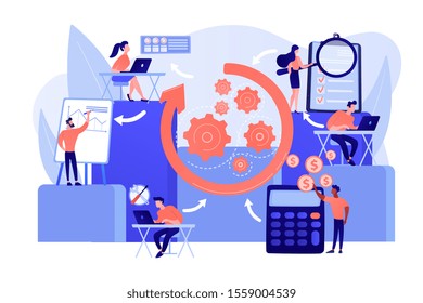 Workforce organization and management. Workflow processes, workflow process design and automation, boost your office productivity concept. Pink coral blue vector isolated illustration