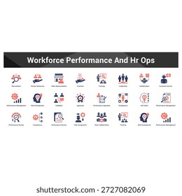 Desempenho da força de trabalho e Hr Ops Coeso conjunto de ícones vetoriais minimalistas representando ideias-chave com clareza visual