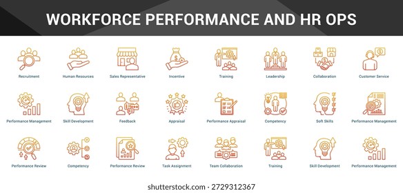 Desempenho da força de trabalho e Hr Ops Coeso conjunto de ícones vetoriais minimalistas representando ideias-chave com clareza visual