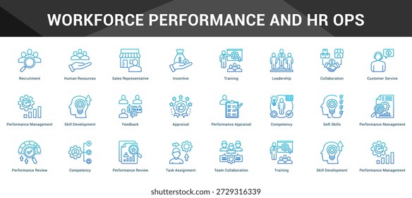 Desempenho da força de trabalho e Hr Ops Coeso conjunto de ícones vetoriais minimalistas representando ideias-chave com clareza visual