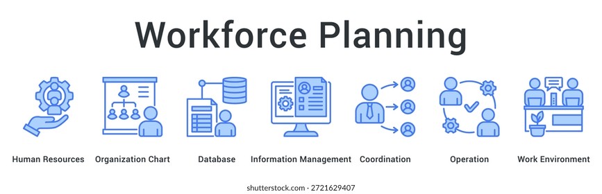 Icono de Web del Anuncio de planificación de la fuerza laboral que organiza la estructura de recursos humanos con gestión de bases de datos y coordinación operacional.