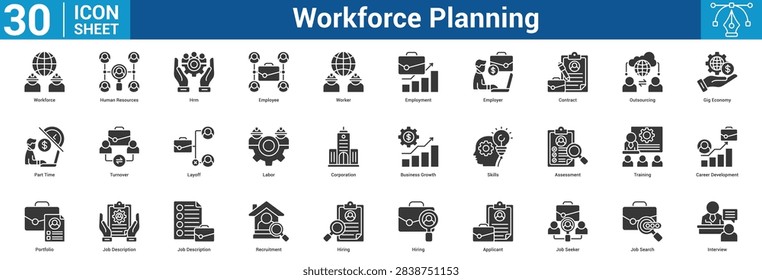 Workforce Planning editable icon set vector illustration concept for business with icon of Workforce, Human Resources, Hrm, Employee, Worker, Employment, Employer, Contract, Outsourcing, Gig Economy.