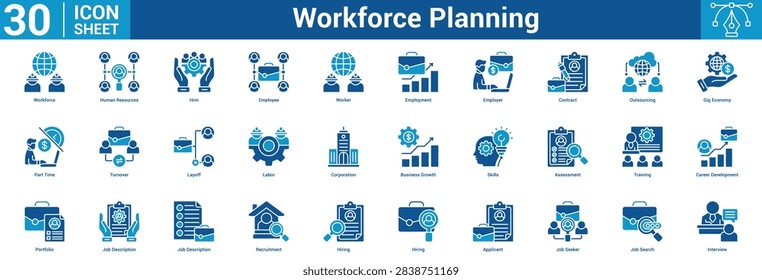 Workforce Planning editable icon set vector illustration concept for business with icon of Workforce, Human Resources, Hrm, Employee, Worker, Employment, Employer, Contract, Outsourcing, Gig Economy.