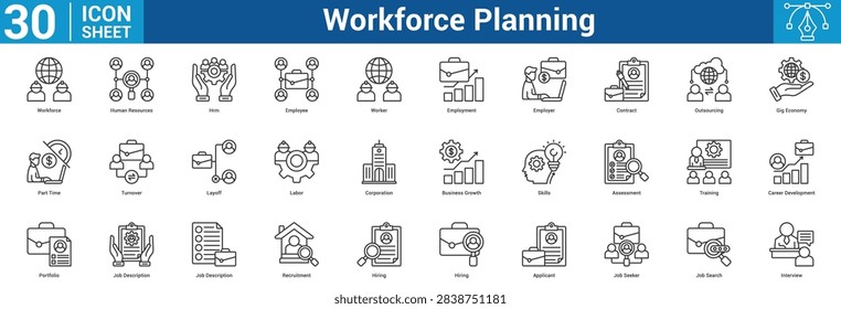 Workforce Planning editable icon set vector illustration concept for business with icon of Workforce, Human Resources, Hrm, Employee, Worker, Employment, Employer, Contract, Outsourcing, Gig Economy.