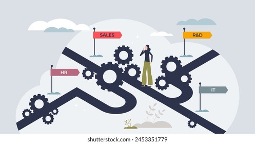 Workforce planning and effective employee management tiny person concept. Job strategy and various position offers for company human resources vector illustration. Talent development and training.