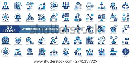 workforce planning icon set flat style illustration. containing talent acquisition, analysis, skills gap, succession planning, employee retention, optimization, labor forecasting, strategic hiring