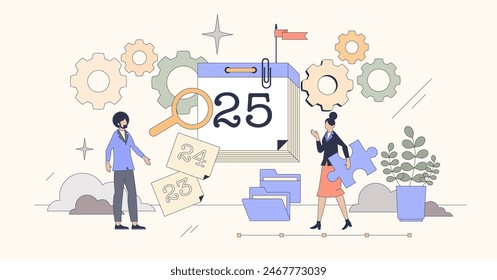 Workforce planning with labor management tiny person neubrutalism concept. Work strategy with employee organization for productive workflow vector illustration. Time management and HR schedule.