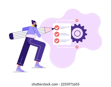 Workforce process optimization, productivity, workflow management and project tracking concepts, man with pencil puts tick in front of completed tasks and goals