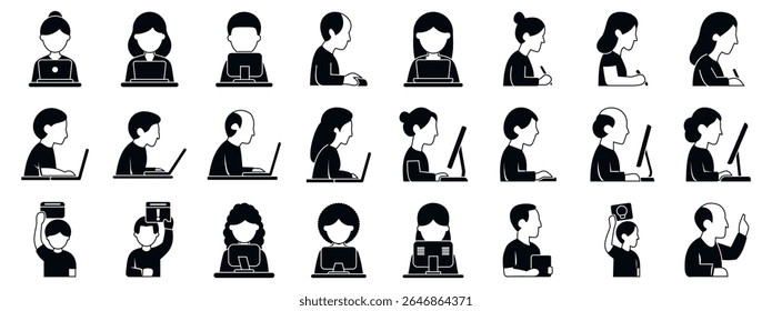  Workforce productivity icons set. Programmers, designers, managers, and other professionals using laptops, desktop computers, and taking notes