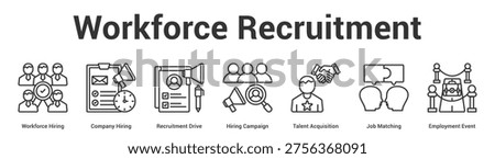 Workforce Recruitment web banner icon set vector illustration concept for business with icon of Workforce Hiring, Company Hiring, Recruitment Drive, Hiring Campaign, Talent Acquisition, Job Matchi.