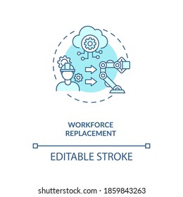 Workforce replacement concept icon. No working places for people. Money increasing technologies. AI threats idea thin line illustration. Vector isolated outline RGB color drawing. Editable stroke