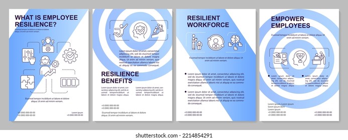 Workforce resilience blue gradient brochure template. Employees wellbeing. Leaflet design with linear icons. 4 vector layouts for presentation, annual reports. Arial, Myriad Pro-Regular fonts used