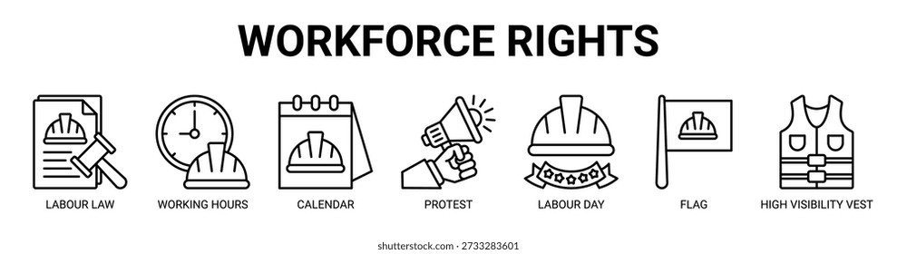 Web de derechos de la fuerza laboral concepto de Ilustración vectorial de icono de Anuncio con icono de la ley laboral, horas de trabajo, calendario, protesta, día del trabajo, bandera y chaleco de alta visibilidad.