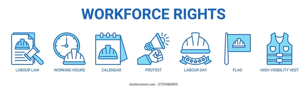 Web de derechos de la fuerza laboral concepto de Ilustración vectorial de icono de Anuncio con icono de la ley laboral, horas de trabajo, calendario, protesta, día del trabajo, bandera y chaleco de alta visibilidad.