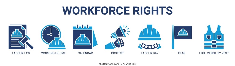 Web de derechos de la fuerza laboral concepto de Ilustración vectorial de icono de Anuncio con icono de la ley laboral, horas de trabajo, calendario, protesta, día del trabajo, bandera y chaleco de alta visibilidad.