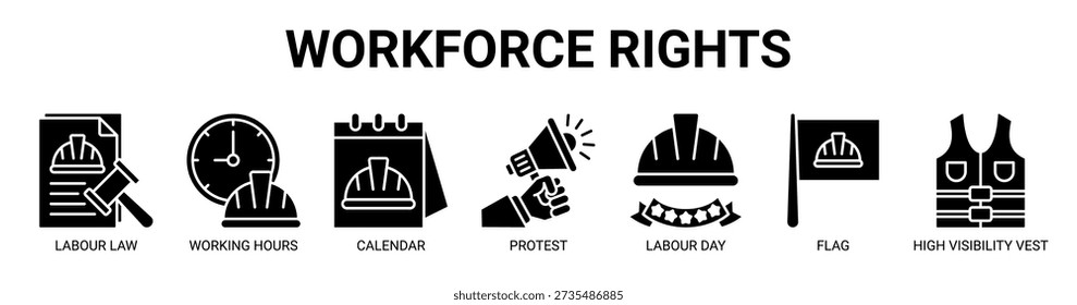 Web de derechos de la fuerza laboral concepto de Ilustración vectorial de icono de Anuncio con icono de la ley laboral, horas de trabajo, calendario, protesta, día del trabajo, bandera y chaleco de alta visibilidad.