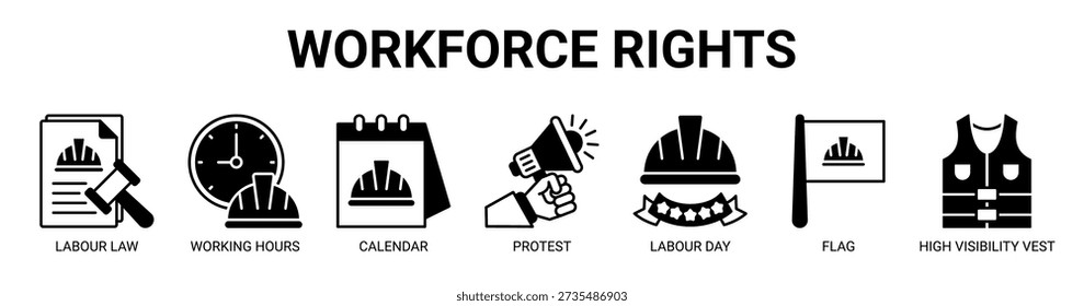 Web de derechos de la fuerza laboral concepto de Ilustración vectorial de icono de Anuncio con icono de la ley laboral, horas de trabajo, calendario, protesta, día del trabajo, bandera y chaleco de alta visibilidad.