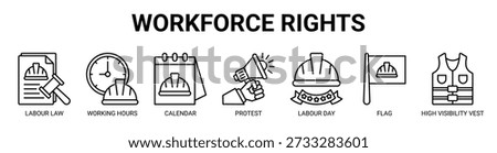 Workforce Rights web banner icon vector illustration concept with icon of labour law, working hours, calendar, protest, labour day, flag, and high visibility vest.