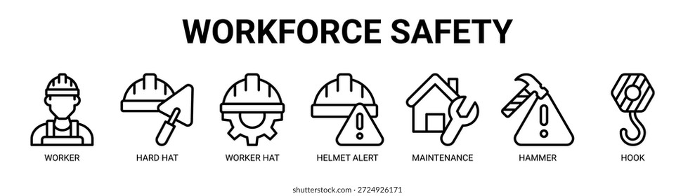 Workforce Safety web banner icon vector illustration concept for business with icon of worker, hard hat, worker hat, helmet alert, maintenance, hammer, hook.