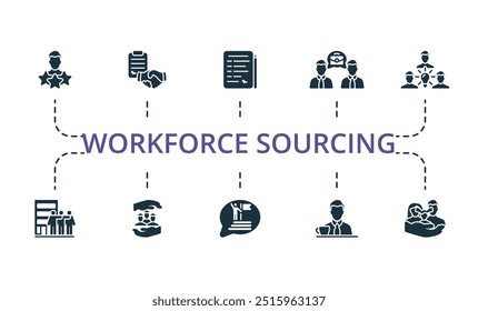 Conjunto de iconos de abastecimiento de personal. Monocromo simple Workforce Sourcing icono de colección. Selección de personal, Contrato de trabajo, Sitio web personal, Análisis de habilidades, Carrera, Cultura de la empresa, Retención de empleados, Carrera