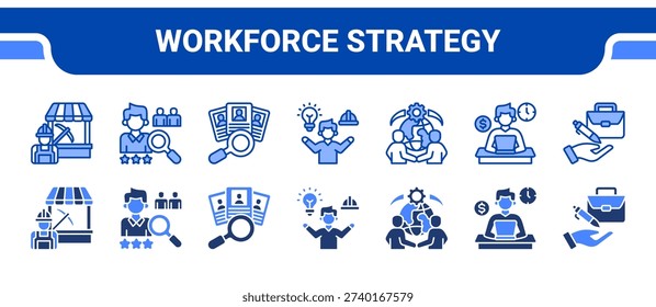 Workforce Strategy Icon Collection, featuring Labor market, Talent acquisition, Recruitment, Staffing, Outsourcing, Freelance, Job creation.