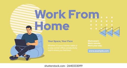 A work-from-home banner showcasing a cozy workspace with a person working on a laptop in a comfortable setting. Ideal for promoting remote work