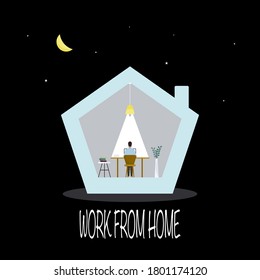 The work-from-home concept is a freelance man who works on his laptop and computer at home. People at home in quarantine. Flat style vector illustration.