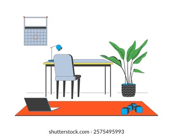 Work-from-home desk with workout corner cartoon flat illustration. Organized workspace fitness equipment. Home office laptop dumbbells 2D scene isolated on white background. Vector colorful image