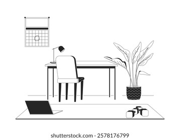 Work-from-home desk with workout corner linear illustration. Organized workspace fitness equipment. Home office laptop dumbbells 2D line scene isolated on white. Monochrome vector outline image