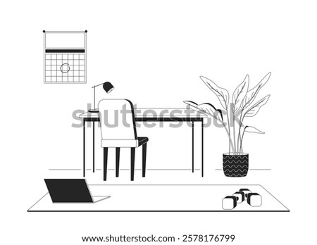 Work-from-home desk with workout corner linear illustration. Organized workspace fitness equipment. Home office laptop dumbbells 2D line scene isolated on white. Monochrome vector outline image