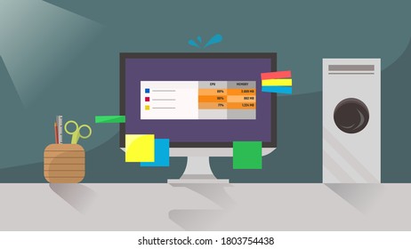 Work-from-home makes endless time for work. Not only the user but also the computer is getting tired with a stunning deadline. A simple-flat design for template or background. 